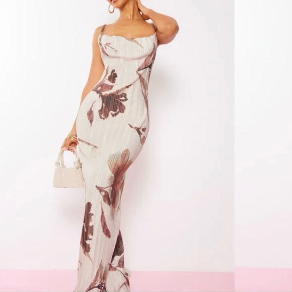 Cream Maxi Dress with Brown Floral Print